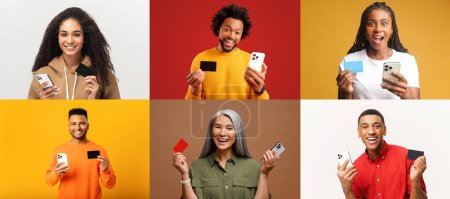 Foto de Una vibrante variedad de personas que interactúan con sus teléfonos inteligentes, algunos con tarjetas de crédito, lo que sugiere un mundo de finanzas digitales y conectividad - Imagen libre de derechos