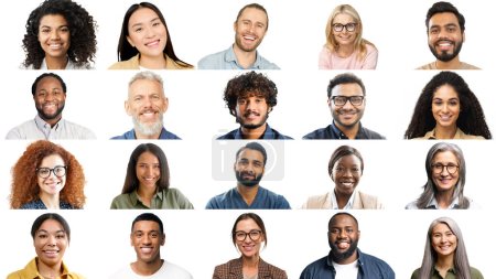 Une série de portraits individuels souriants, disposés dans une grille nette, met en évidence l'esprit humain diversifié et joyeux, symbolisant l'interconnexion et les aspects positifs d'un monde globalisé..