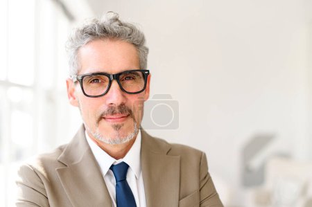 Téléchargez les photos : Homme d'affaires mature avec des cheveux gris et des lunettes est représenté en regardant directement la caméra, offrant un aperçu de son comportement accessible mais professionnel. Senior manager expérimenté - en image libre de droit
