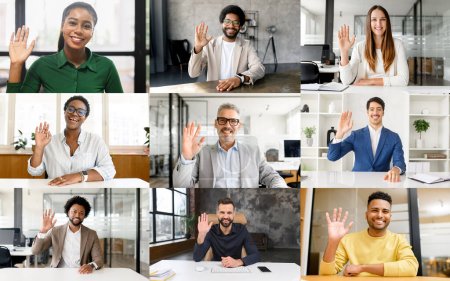Photo for Cheerful collage of professionals, each raising a hand in greeting, reflects a welcoming work environment with a focus on friendliness and openness. The array of approachable and diverse team members - Royalty Free Image
