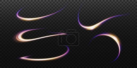 Ilustración de Conjunto de líneas de luz abstracta de movimiento y velocidad, azul, oro, colores púrpura. Efecto luminoso diario de luz. onda semicircular, curva de sendero ligero remolino, fibra óptica incandescente png - Imagen libre de derechos