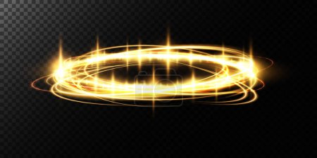 Illustration for Magic portals on the night scene. Golden round holograms with rays of light and sparkles. Glowing futuristic teleport tunnel with copy space on black background - Royalty Free Image