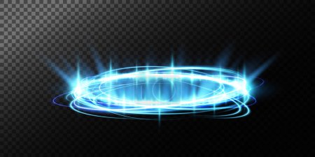 Illustration for Magic portals on the night scene. Blue round holograms with rays of light and sparkles. Glowing futuristic teleport tunnel with copy space on black background - Royalty Free Image