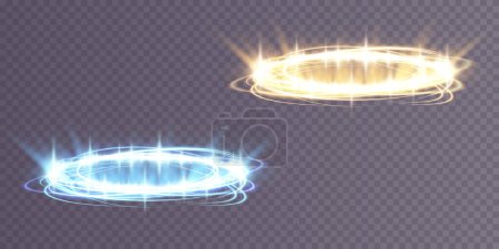 Illustration for Magic portals on the night scene. Blue and gold round holograms with rays of light and sparkles. Glowing futuristic teleport tunnel with copy space on black background - Royalty Free Image