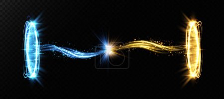 Illustration for Magic portals on the night scene. Blue and gold round holograms with rays of light and sparkles. Glowing futuristic teleport tunnel with copy space on black background - Royalty Free Image