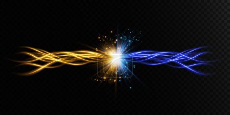 Líneas luminosas abstractas de movimiento y velocidad en azul y oro. Efecto luminoso diario de luz. onda semicircular, remolino de curva de rastro de luz, faros de coche, fibra óptica incandescente png