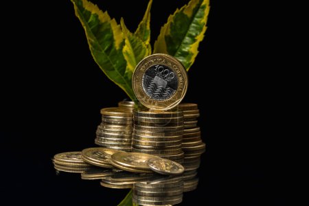 Goldmünzen und kolumbianisches Geld auf schwarzem Hintergrund: Investitions- und Finanzierungskonzept."