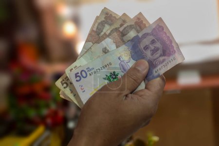 Geld aus Kolumbien, Mann hält Peso-Scheine vor sich, Geschäftsinvestitionen, Kreatives Finanzkonzept