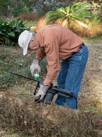 Foto de Active senior man oiling the chain of his chain saw while sawing a large tree limb. - Imagen libre de derechos