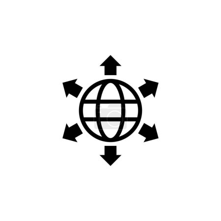 A minimalist icon representing global interconnectivity and digital communication, with arrows pointing outward from a central globe. Vector icon for website design, logo, app, and ui
