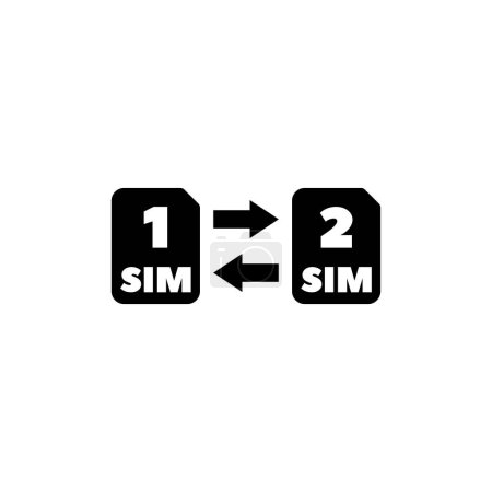 A simple black and white icon depicting the process of switching between two SIM card slots, represented by the numbers 1 and 2 and bidirectional arrows. Vector icon for website design, logo, app, ui