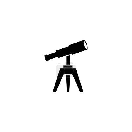 A simple black and white icon depicting a telescope mounted on a tripod, representing astronomy, space exploration, scientific observation, and the pursuit of knowledge. Vector icon for website design