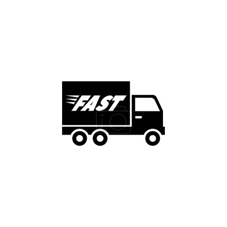 A simple black and white icon depicting a delivery truck with the word FAST emblazoned on its side, representing quick and efficient transportation services.