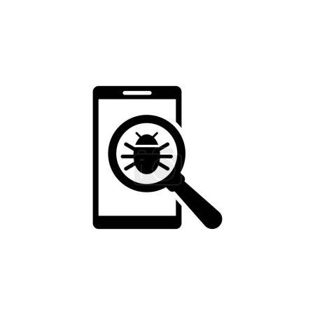 A magnifying glass icon hovers over a smartphone, symbolizing a security scan or antivirus check on a mobile device to detect potential malware or vulnerabilities