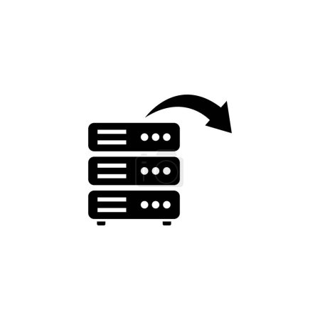 Ein minimalistisches Schwarz-Weiß-Symbol, das eine Reihe von Serverschränken mit einem nach oben gerichteten Pfeil darstellt, die Datenmigration, Cloud Computing oder die Übertragung digitaler Informationen zwischen Systemen repräsentieren