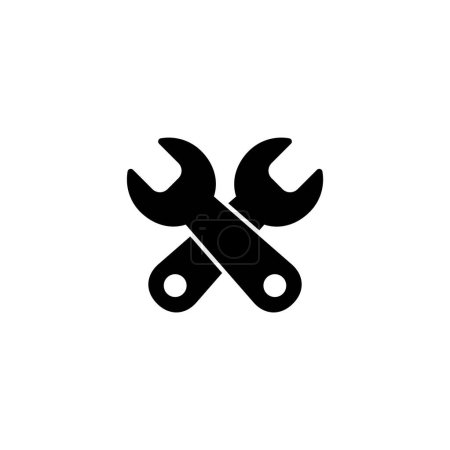 Ein einfaches schwarz-weißes Symbol, das zwei Kreuzschlüssel zeigt, die Werkzeuge, Reparaturen, Konstruktions- oder Wartungsarbeiten darstellen