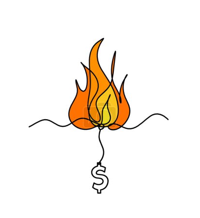 Foto de Fuego abstracto con dólar como dibujo de línea sobre fondo blanco - Imagen libre de derechos