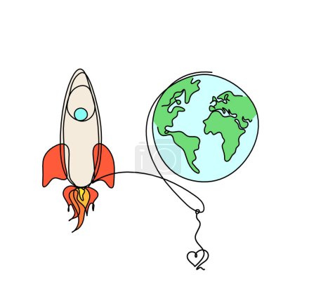 Foto de Cohete de color abstracto con globo y corazón como dibujo de línea continua sobre fondo blanco - Imagen libre de derechos