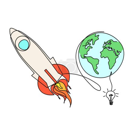 Foto de Cohete de color abstracto con bombilla como dibujo de línea continua sobre fondo blanco - Imagen libre de derechos