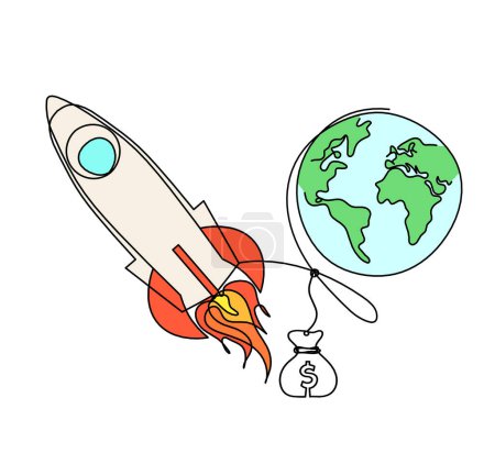 Téléchargez les photos : Fusée de couleur abstraite avec globe et dollar comme dessin en ligne continue sur fond blanc - en image libre de droit