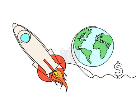Foto de Cohete de color abstracto con dólar como dibujo de línea continua sobre fondo blanco - Imagen libre de derechos