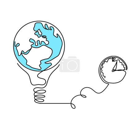 Photo for Abstract planet Earth in light bulb and clock as line drawing on white as background - Royalty Free Image
