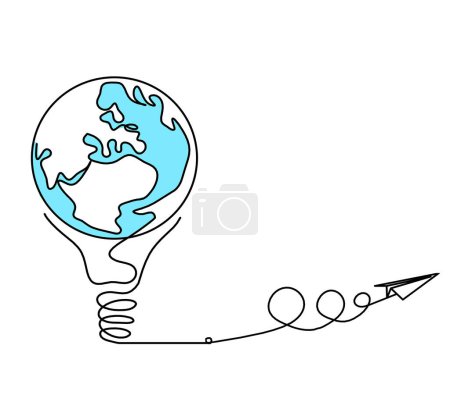 Photo for Abstract planet Earth in light bulb and paper plane as line drawing on white as background - Royalty Free Image