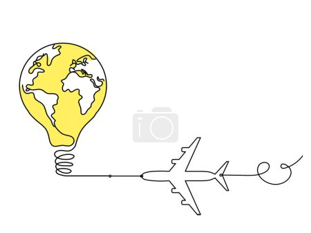 Photo for Abstract planet Earth in light bulb and plane as line drawing on white as background - Royalty Free Image