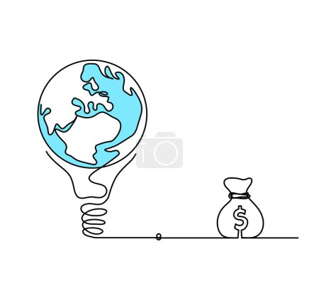 Photo for Abstract planet Earth in light bulb and dollar as line drawing on white as background - Royalty Free Image