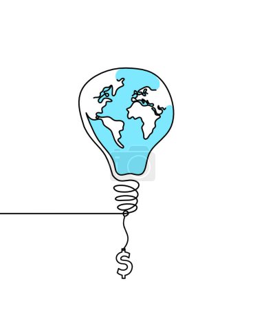 Téléchargez les photos : Planète abstraite Terre en ampoule et dollar comme dessin de ligne sur fond blanc - en image libre de droit