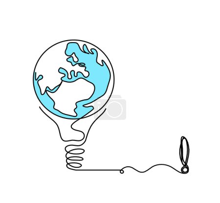 Photo for Abstract planet Earth in light bulb and exclamation mark as line drawing on white as background - Royalty Free Image