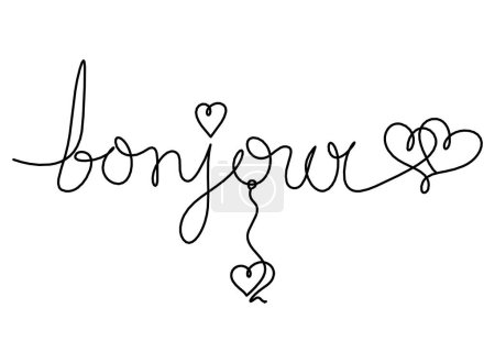 Foto de Calligraphic inscription of word "bonjour", "hello" with heart as continuous line drawing on white  background - Imagen libre de derechos