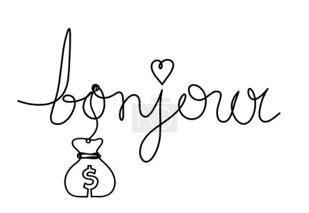 Téléchargez les photos : Calligraphic inscription of word "bonjour", "hello" with dollar as continuous line drawing on white  background - en image libre de droit