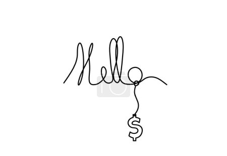 Foto de Calligraphic inscription of word "bonjour", "hello" with dollar as continuous line drawing on white  background - Imagen libre de derechos