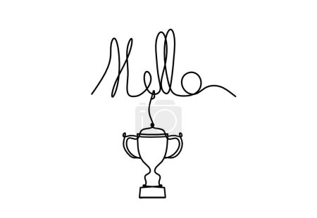 Foto de Calligraphic inscription of word "bonjour", "hello" with trophy as continuous line drawing on white  background - Imagen libre de derechos