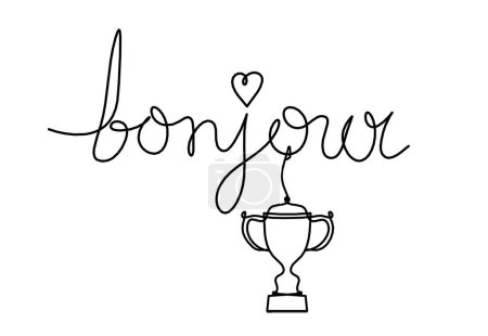 Téléchargez les photos : Calligraphic inscription of word "bonjour", "hello" with trophy as continuous line drawing on white  background - en image libre de droit