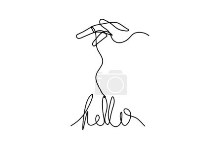 Foto de Calligraphic inscription of word "bonjour", "hello" with hand as continuous line drawing on white  background - Imagen libre de derechos
