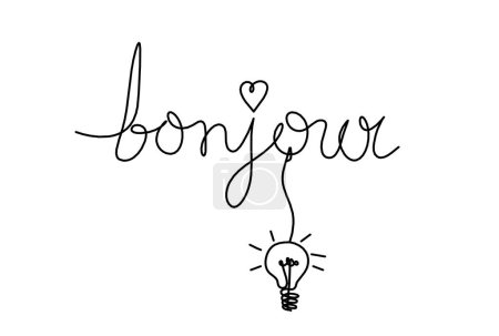 Foto de Calligraphic inscription of word "bonjour", "hello" with light bulb as continuous line drawing on white  background - Imagen libre de derechos