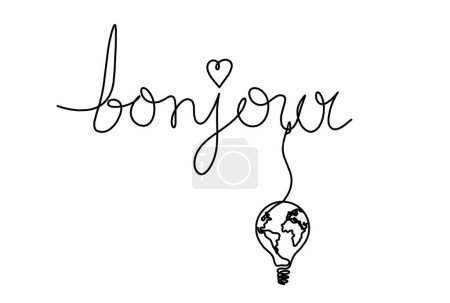 Téléchargez les photos : Calligraphic inscription of word "bonjour", "hello" with light bulb as continuous line drawing on white  background - en image libre de droit