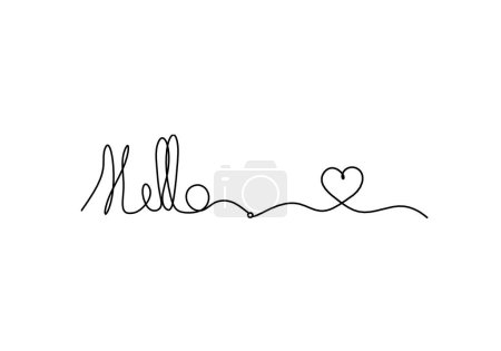 Foto de Calligraphic inscription of word "bonjour", "hello" with heart as continuous line drawing on white  background - Imagen libre de derechos
