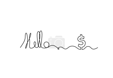 Foto de Calligraphic inscription of word "bonjour", "hello" with dollar as continuous line drawing on white  background - Imagen libre de derechos