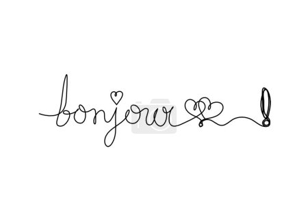 Foto de Calligraphic inscription of word "bonjour", "hello" with exclamation mark as continuous line drawing on white  background - Imagen libre de derechos