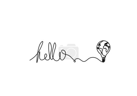 Foto de Calligraphic inscription of word "bonjour", "hello" with light bulb as continuous line drawing on white  background - Imagen libre de derechos