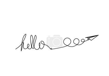 Foto de Calligraphic inscription of word "bonjour", "hello" with paper plane as continuous line drawing on white  background - Imagen libre de derechos