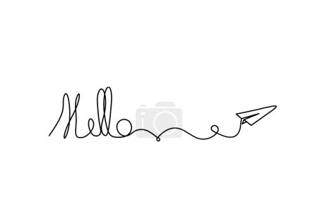 Foto de Calligraphic inscription of word "bonjour", "hello" with paper plane as continuous line drawing on white  background - Imagen libre de derechos