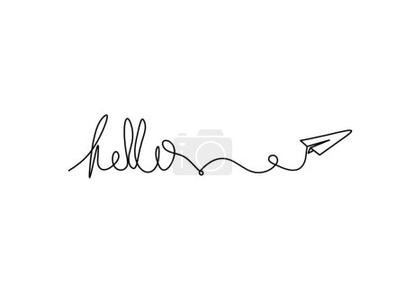 Téléchargez les photos : Calligraphic inscription of word "bonjour", "hello" with paper plane as continuous line drawing on white  background - en image libre de droit