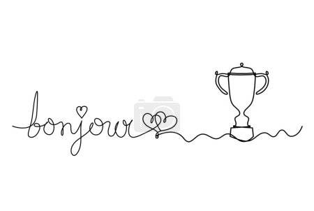 Foto de Calligraphic inscription of word "bonjour", "hello" with trophy as continuous line drawing on white  background - Imagen libre de derechos