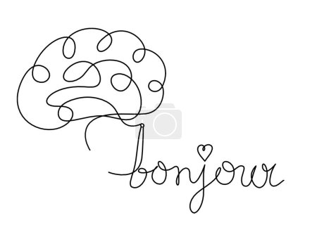 Foto de Calligraphic inscription of word "bonjour", "hello" with brain as continuous line drawing on white  background - Imagen libre de derechos