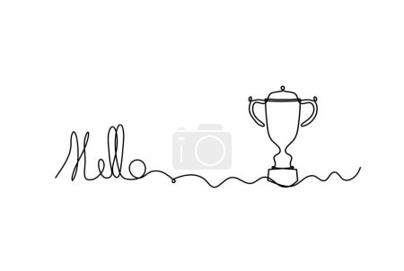 Téléchargez les photos : Calligraphic inscription of word "bonjour", "hello" with trophy as continuous line drawing on white  background - en image libre de droit