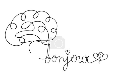 Foto de Calligraphic inscription of word "bonjour", "hello" with brain as continuous line drawing on white  background - Imagen libre de derechos